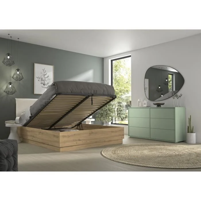 Opbergbed 160 x 200 cm Eiken/Ecru Textiel met bedbodem - Afbeelding 4