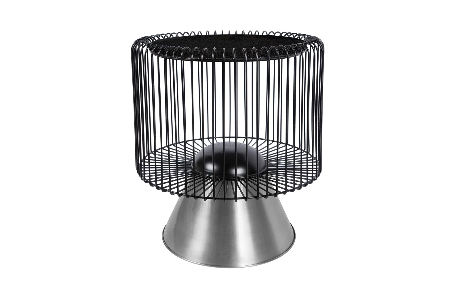 De Bijzettafel Zilver, Zwart 40 CM Rond is een moderne ronde bijzettafel met een compact marmeren blad en een brede conische metalen voet met verticale zwarte spijlen. De zitting is plat en zwart. De achtergrond is effen wit.