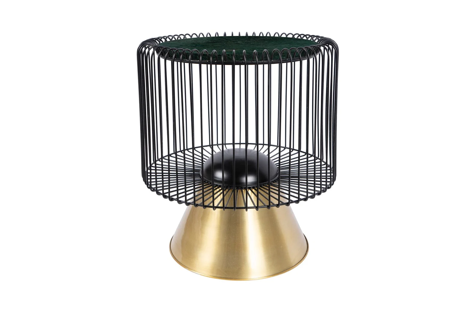De Bijzettafel Zwart, Groen 40 CM Rond is een moderne bijzettafel met een cilindrisch frame van zwart draad, een groen rond marmeren blad en een goudkleurig conisch metalen onderstel, afgebeeld tegen een witte achtergrond.