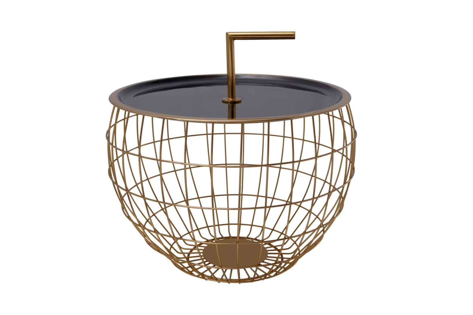 De Bijzettafel Zwart 13 CM Rond Ijzer Design is een rond bijzettafeltje van gouddraad met een zwart blad en een ingebouwd handvat dat aan één kant omhoog steekt, afgebeeld tegen een witte achtergrond.