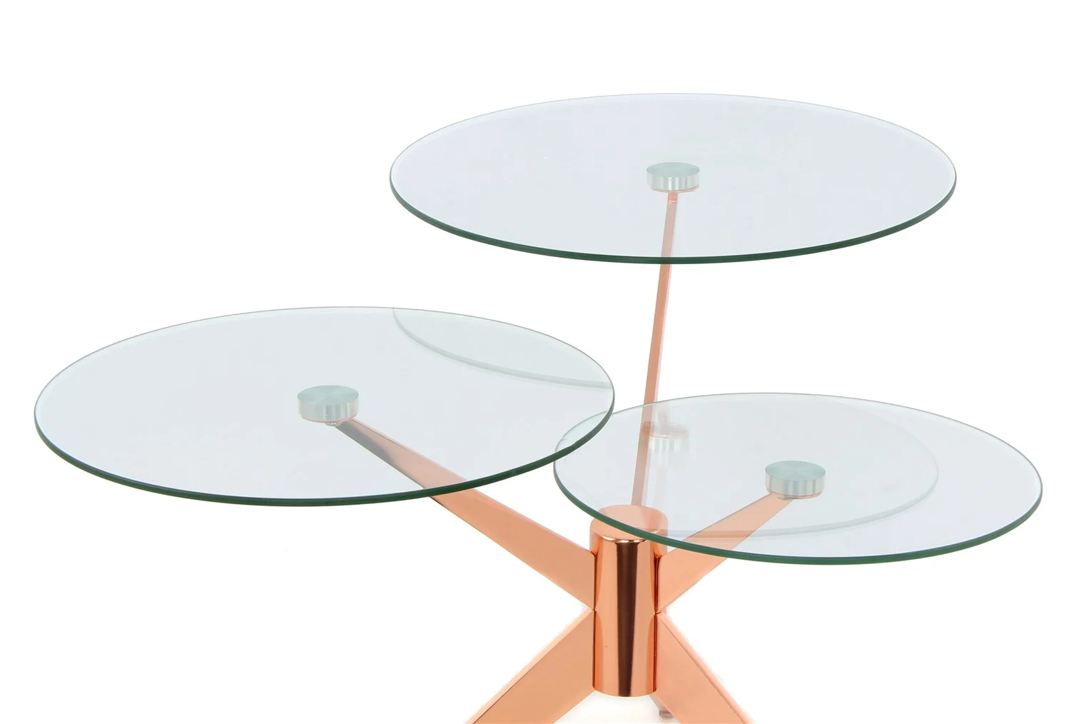 De Bijzettafel Metaal Compact is een moderne bijzettafel met drie ronde glazen oppervlakken op verschillende hoogtes, allemaal ondersteund door een opvallend koperkleurig metalen frame.