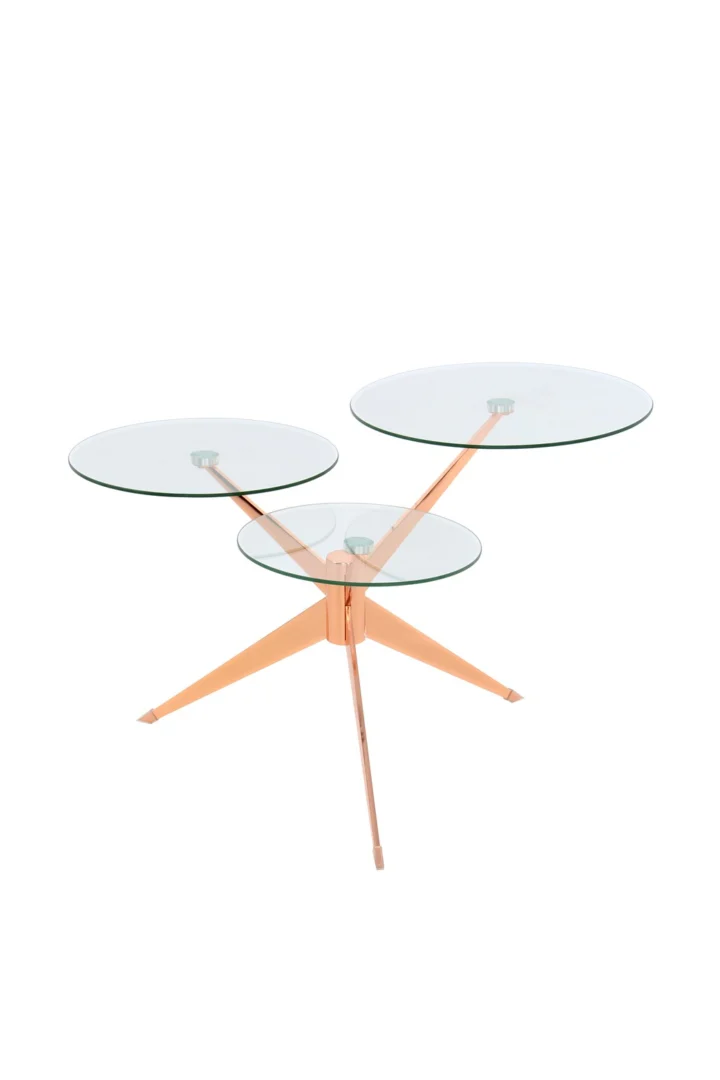 De Bijzettafel Metaal Compact is een moderne bijzettafel met drie ronde glazen bladen op verschillende hoogtes, ondersteund door een slanke, metallic roségouden driepoot basis.