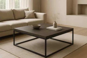 Moderne woonkamer met vierkante salontafel, beige bank en zachte kleuren. Is een harde of zachte stoel beter tegen rugpijn?