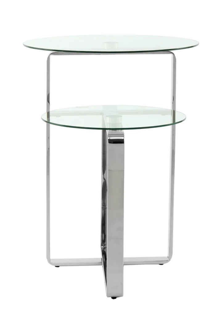 De Bijzettafel Zilver Rond Staal Chique is een moderne accenttafel met twee ronde glazen oppervlakken op verschillende hoogtes, ondersteund door een stijlvol verchroomd stalen frame met een geometrisch ontwerp.