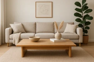 Een moderne woonkamer met een beige bank, neutrale kussens en een houten salontafel - ideaal voor wie zich afvraagt "waarom lage salontafel" - plus een schaal, boek, vaas van pampagras, potplant en minimalistische muurkunst boven de bank.