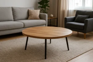 Een moderne woonkamer met een ronde houten salontafel op een beige vloerkleed, een grijze bank met kussen, een fauteuil, bijzettafel, potplant en raam met lichte gordijnen-maar wanneer kun je beter geen ronde salontafel gebruiken?.