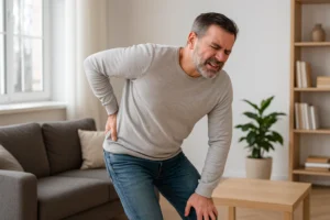 Een man van middelbare leeftijd in een grijze trui en spijkerbroek grimast van de pijn terwijl hij zijn onderrug vasthoudt, staand bij een beige bank en een houten salontafel-wat is het verschil tussen een salontafel en een bijzettafel- met een plant op de achtergrond.