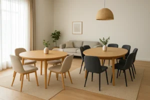 Een moderne, minimalistische eetkamer met twee ronde houten tafels, elk omringd door stoelen - de ene beige, de andere donkergrijs. Wat is beter: lichte houten vloeren of een gezellige grijze bank? Potplanten en een geweven hanglamp maken de ruimte compleet.