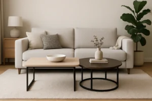 Een moderne woonkamer met een lichtgrijze bank, een kussen met patroon, twee salontafels - een houten, een donkerbruine - geïnspireerd door de 2 3-regel voor salontafels, plus een beige vloerkleed, plant in pot, lamp en minimalistische inrichting in neutrale tinten.