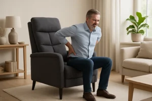 Man van middelbare leeftijd zit op een donkergrijze fauteuil, houdt zijn onderrug vast en grimast van de pijn, en vraagt zich af: wat is het verschil tussen een salontafel en een bijzettafel in deze lichte woonkamer met neutrale inrichting en kamerplanten.