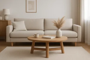 Een moderne woonkamer met een beige bank en een ronde houten salontafel, gestyled op de beste hoogte voor een salontafel, met daarin een vaas met gedroogde grassen, een kopje en een boek. Minimalistische kunst hangt boven de bank in deze neutrale ruimte.