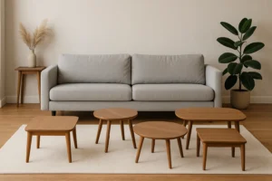 Een moderne woonkamer met een lichtgrijze bank, zes kleine houten salontafels - perfect om te ontdekken wat de beste vorm is voor een salontafel - op een crèmekleurig vloerkleed, plus een bijzettafel met pampagras en een potplant tegen een beige muur.