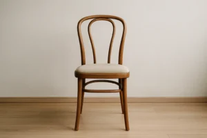 Een houten stoel met een gebogen rugleuning en een lichtbeige beklede zitting staat op een lichte houten vloer tegen een effen gebroken witte muur, vlakbij waar je je zou kunnen afvragen: wat is het verschil tussen een salontafel en een bijzettafel?.