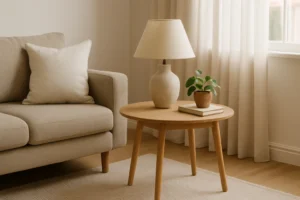 Een ronde houten salontafel met de functie van een bijzettafel in huis staat naast een lichte bank, met daarop een beige lamp, een potplant en boeken in een lichte, gezellige woonkamer met transparante gordijnen.
