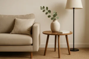 Een beige sofa met een bijpassend kussen staat naast een ronde houten bijzettafel - perfect om decor of benodigdheden op te zetten, wat de functie van een bijzettafel in huis benadrukt - in deze minimalistische woonkamer met een keramieken vaas, boek en hoge staande lamp op een geweven vloerkleed.