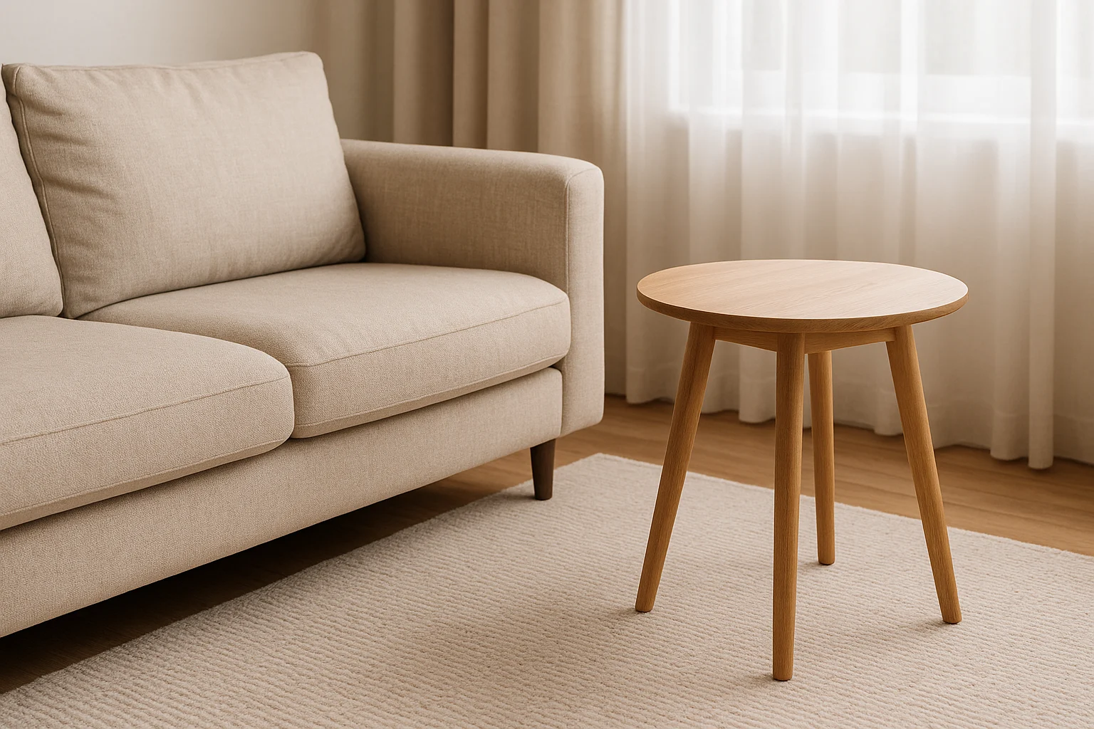 Een lichtbeige bank en een ronde houten bijzettafel - perfect geplaatst op wat is de ideale hoogte voor een bijzettafel - staan op een crèmekleurig vloerkleed met textuur in een lichte, minimalistische woonkamer met transparante gordijnen voor het raam.