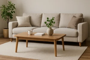 Een moderne woonkamer met een beige bank, neutrale kussens en een houten salontafel op de ideale hoogte voor een koffietafel, gestyled met een mok, boek en kleine plant. Een plant in pot staat op de vloer naast een licht vloerkleed op een houten vloer.