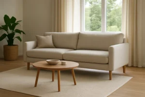 Een moderne woonkamer heeft een beige bank met een kussen, een ronde houten salontafel-wat is het verschil tussen een salontafel en een bijzettafel-met schalen, een grote plant in een gevlochten mand, lichte gordijnen, een houten vloer en een raam met groen buiten.