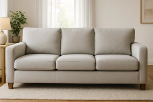 Een lichtgrijze driezitsbank met vierkante armen staat op een beige vloerkleed in een lichte woonkamer. Ernaast staat een klein tafeltje - perfect als bijzettafel; wat is het verschil tussen een salontafel en een bijzettafel? Versierde gordijnen bedekken de achterliggende ramen.