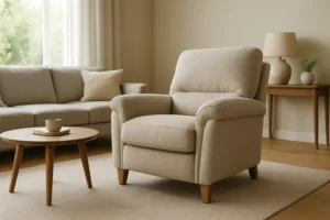 Een gezellige beige fauteuil staat op een licht vloerkleed in een lichte woonkamer met een bijpassende bank, ronde houten salontafel-wat is het verschil tussen een salontafel en een bijzettafel?-plus een bijzettafel met lamp, plant en decor. Zonlicht valt door het raam.