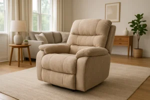 Een beige relaxfauteuil staat op een licht vloerkleed in een gezellige woonkamer met een bank, lamp, dressoir, ingelijst kunstwerk en zowel een bijzettafel als een salontafel-wat is het verschil tussen een salontafel en een bijzettafel?.