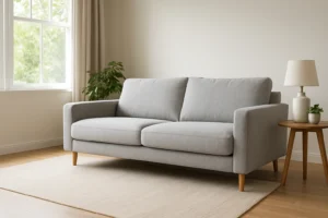 Een moderne woonkamer met een lichtgrijze bank op een beige vloerkleed, met een ronde houten bijzettafel-wat is het verschil tussen een salontafel en een bijzettafel-bekleed met een witte lamp en plant, plus crèmekleurige gordijnen en een groene potplant in de hoek.