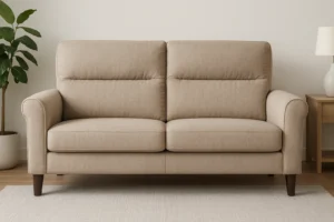 Een beige gestoffeerde bank met twee zitkussens en armleuningen staat op een licht vloerkleed. Links staat een potplant en rechts een houten bijzettafel met een lamp, wat uitnodigt tot de vraag: wat is het verschil tussen een salontafel en een bijzettafel?.