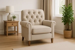 Een beige getufte fauteuil met houten poten staat op een licht vloerkleed in een gezellige kamer, naast een houten bijzettafel - perfect om te ontdekken wat het verschil is tussen een salontafel en een bijzettafel - een lamp en een plant. Op de achtergrond een potplant en een raam met beige gordijnen.