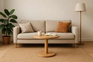 Een minimalistische woonkamer met een beige bank, twee kussens, een ronde houten salontafel - perfect om een mok of open boek op te zetten, net als de functie van een bijzettafel in huis - een staande lamp, een plant in potten en een geweven vloerkleed op een lichthouten vloer.