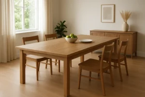 Een minimalistische eetkamer met een houten tafel die perfect is als je je afvraagt: "Wat is een grote eettafel voor een gezin?", vier stoelen, een schaal met groene appels en een bord op tafel, een dressoir op de achtergrond en natuurlijk licht door ramen met witte gordijnen.