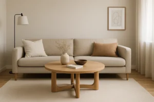 Een minimalistische woonkamer met een beige bank, twee neutrale kussens, transparante gordijnen en abstracte muurkunst heeft een ronde houten salontafel-een leuk antwoord op "Wat is een leuke salontafel"-gestyled met een vaas, schaal en boek voor een gezellig tintje.