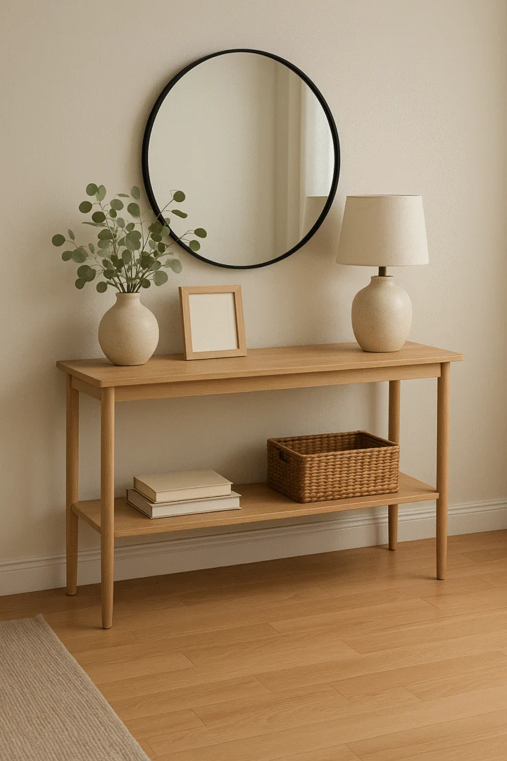 Een minimalistische houten consoletafel, perfect als bijzettafel, staat onder een ronde spiegel. Bovenop staan een vaas met groene bladeren, een lamp en een ingelijste foto; op de onderste plank staan een rieten mand en gestapelde boeken. Wat is een sidetable?.