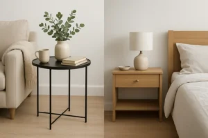 Een gezellige leefruimte met een beige sofa, een zwart rond bijzettafeltje-wat is het verschil tussen een bijzettafeltje en een nachtkastje? In de kamer staan ook boeken, een vaas met groen en vlakbij een slaapkamer met neutraal beddengoed en een houten nachtkastje.