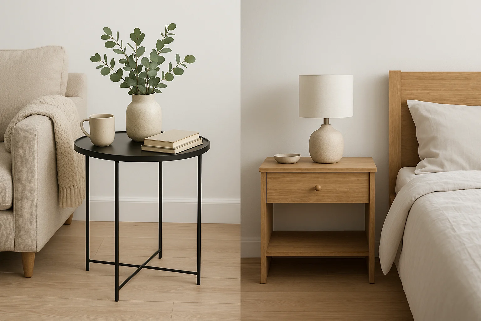 Een gezellige leefruimte met een beige sofa, een zwart rond bijzettafeltje-wat is het verschil tussen een bijzettafeltje en een nachtkastje? In de kamer staan ook boeken, een vaas met groen en vlakbij een slaapkamer met neutraal beddengoed en een houten nachtkastje.
