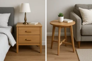 Naast elkaar zie je een houten nachtkastje met twee laden, een lamp en een boek bij een bed, en een ronde bijzettafel - die laat zien wat de functie van een bijzettafel in huis is - met een potplant en een boek naast een grijze bank.