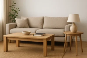 Een moderne woonkamer met een beige bank, een houten salontafel en een ronde bijzettafel met een lamp - die perfect laat zien wat de functie is van een bijzettafel in huis: extra oppervlakte binnen een minimalistische, neutraal getinte inrichting.