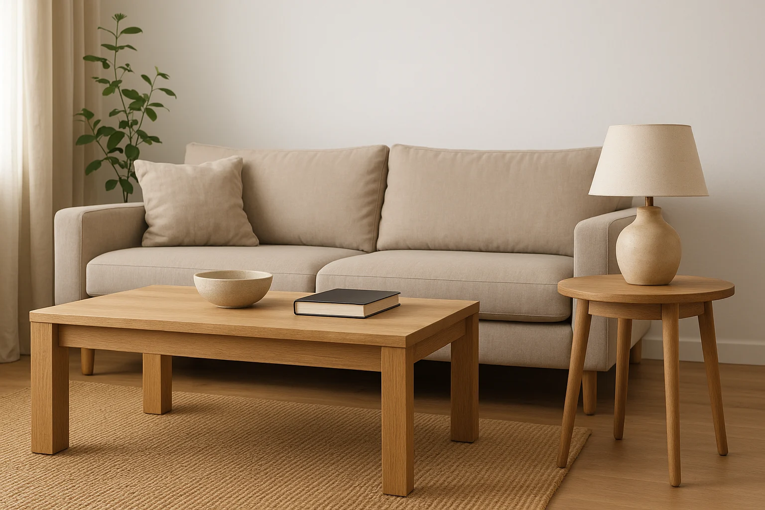 Een moderne woonkamer met een beige bank, een houten salontafel en een ronde bijzettafel met een lamp - die perfect laat zien wat de functie is van een bijzettafel in huis: extra oppervlakte binnen een minimalistische, neutraal getinte inrichting.