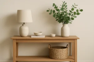 Een minimalistische houten consoletafel met een lamp, keramische schalen en een vaas met groene eucalyptustakken - de perfecte inspiratie als je je afvraagt "Wat kan ik op een sidetable zetten?". Een geweven mand op de onderste plank maakt de look compleet tegen een neutrale muur.