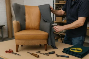 Een persoon herstoffeert een bruine fauteuil met grijze stof met behulp van een nietpistool. Bekledingsgereedschap, een schaar en een meetlint liggen op de tafel voor de stoel - perfect om te leren wat het verschil is tussen een salontafel en een bijzettafel. Planken en voorraden op de achtergrond.