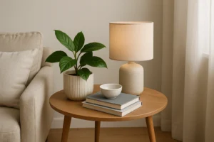 Een ronde houten bijzettafel met een groene plant in pot, een beige lamp, drie gestapelde boeken en een kleine witte schaal is het perfecte antwoord op de vraag: wat moet je op een bijzettafel zetten.