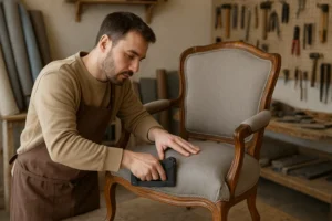 Een man met een bruin schort herstoffeert een houten fauteuil met een nietpistool in een werkplaats, omringd door gereedschap en rollen stof - misschien nadenkend over wat het verschil is tussen een salontafel en een bijzettafel.