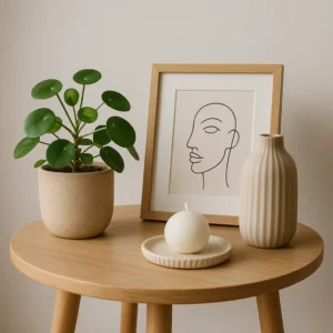 Wat staat er leuk op een bijzettafeltje? Een ronde houten tafel met een potplant, een minimalistische lijntekening van een gezicht in lijst, een geribbelde beige vaas en een witte kaars op schoteltje tegen een lichte muur.