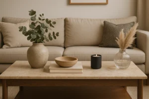 Neutraal getinte woonkamer met een beige bank, kussen met patroon en een houten salontafel met daarop wat staat mooi op een salontafel: een vaas met groen, een boek, houten schaal, zwarte kaars en heldere vaas met pampagras.