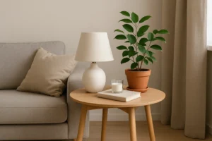 Een ronde houten bijzettafel met een witte lamp, een potplant, een dichtgeslagen boek en een glazen kaars - perfecte ideeën voor wat zet je op een bijzettafel - staat naast een beige bank met een kussen in een zacht verlichte, neutraal getinte woonkamer.