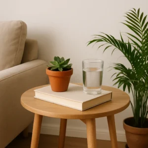 Een ronde houten bijzettafel met een dichtgeslagen boek, een kleine vetplant in pot en een glas water erop - de perfecte inspiratie als je je afvraagt: wat zet je op een bijzettafeltje? Op de achtergrond omlijsten een beige bank en een plant het knusse tafereel.