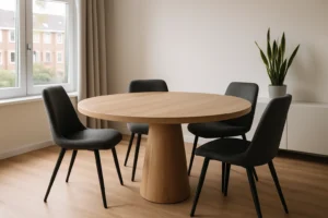 Een moderne eethoek met een ronde houten tafel - perfect voor een gesprek en toch wat verwonderd, wat zijn de nadelen van een ronde tafel - vier donkergrijze stoelen, een plant in potten op een witte buffetkast, een houten vloer en een groot raam dat natuurlijk licht binnenlaat.
