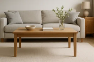 Een minimalistische woonkamer met een lichtgrijze bank en een houten salontafel - ideaal binnen de standaardmaten van een salontafel - met daarin een vaas met groene takken, een witte schaal en een gesloten boek, op een licht vloerkleed. Een lamp en een kast staan op de achtergrond.