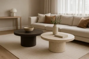 Een moderne woonkamer met een crèmekleurige bank, neutraal getinte kussens en twee ronde salontafels - een donkere en een lichte - laat zien wat de trend is voor salontafels, gestyled met een vaas, boek en schaal. Licht valt door de transparante gordijnen om de look compleet te maken.