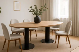 Een minimalistische eetkamer met een houten ovale tafel, vijf licht gestoffeerde stoelen, een zwarte vaas met groen, beige gordijnen en zacht natuurlijk licht uit een raam.