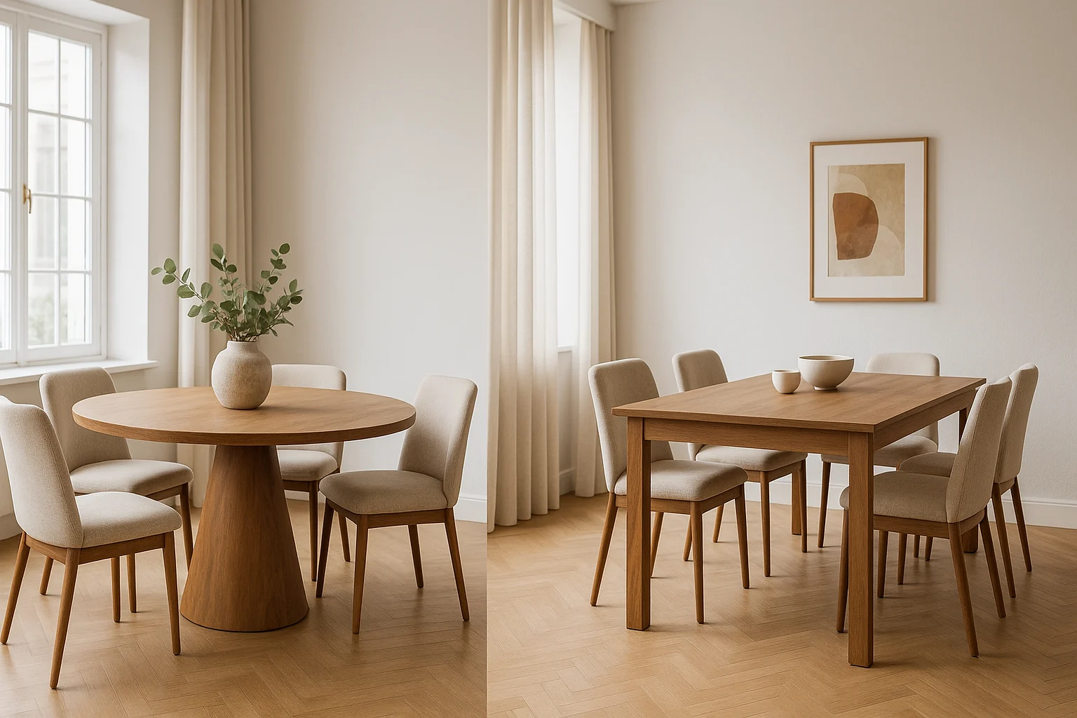 Twee eethoeken in een lichte kamer: de ene heeft een ronde houten tafel met zes beige stoelen en een vaas met groen; de andere, een rechthoekige houten tafel met zes beige stoelen, twee witte schalen en abstracte muurkunst-welke eettafel is het mooist?.